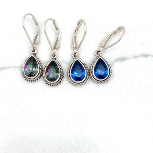Sterling Silver Pear-shaped Mystic Topaz or Blue Sapphire Bali Dangle Earrings