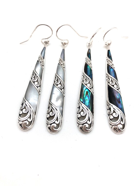 Boucles D'Oreilles Pendantes Argent Massif - Trio De Nacres - Occasion