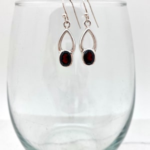 Sterling Silver Oval Garnet Dangle Earrings