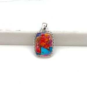 Sterling Silver Pink Dahlia and Spiny Oyster  Kingman Turquoise Pendant