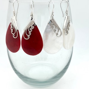 Sterling Silver Long Teardrop Coral or Mother of Pearl Dangle Earrings