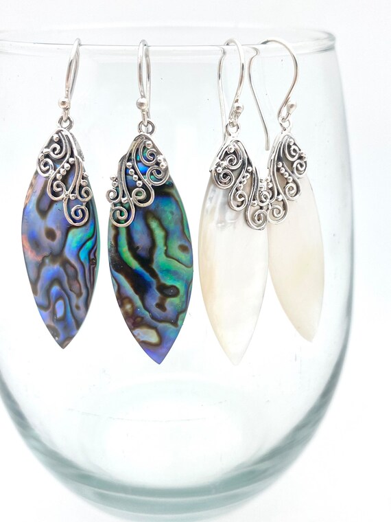 Purple Mother of Pearl Sterling Silver Leaf Dangle Earrings Purple Mother of Pearl Sterling Silver Leaf Dangle Earrings