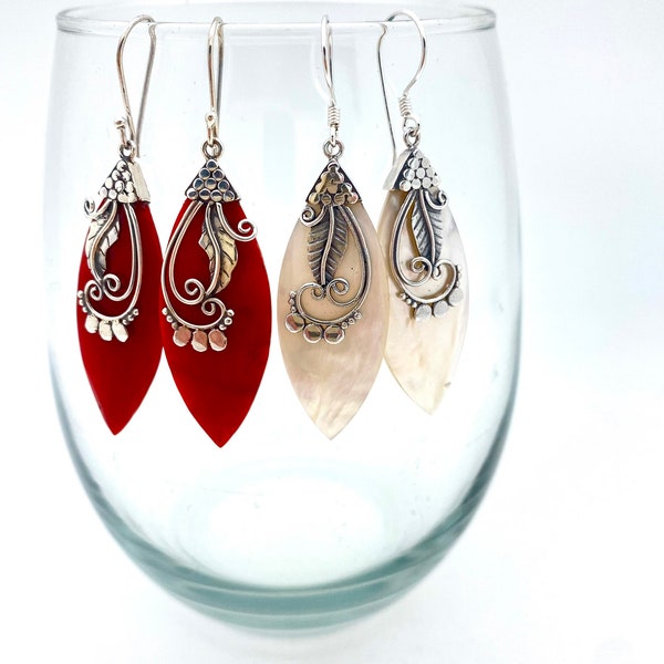 Sterling Silver Marquise-shaped Mother of Pearl or Coral Bali Earrings