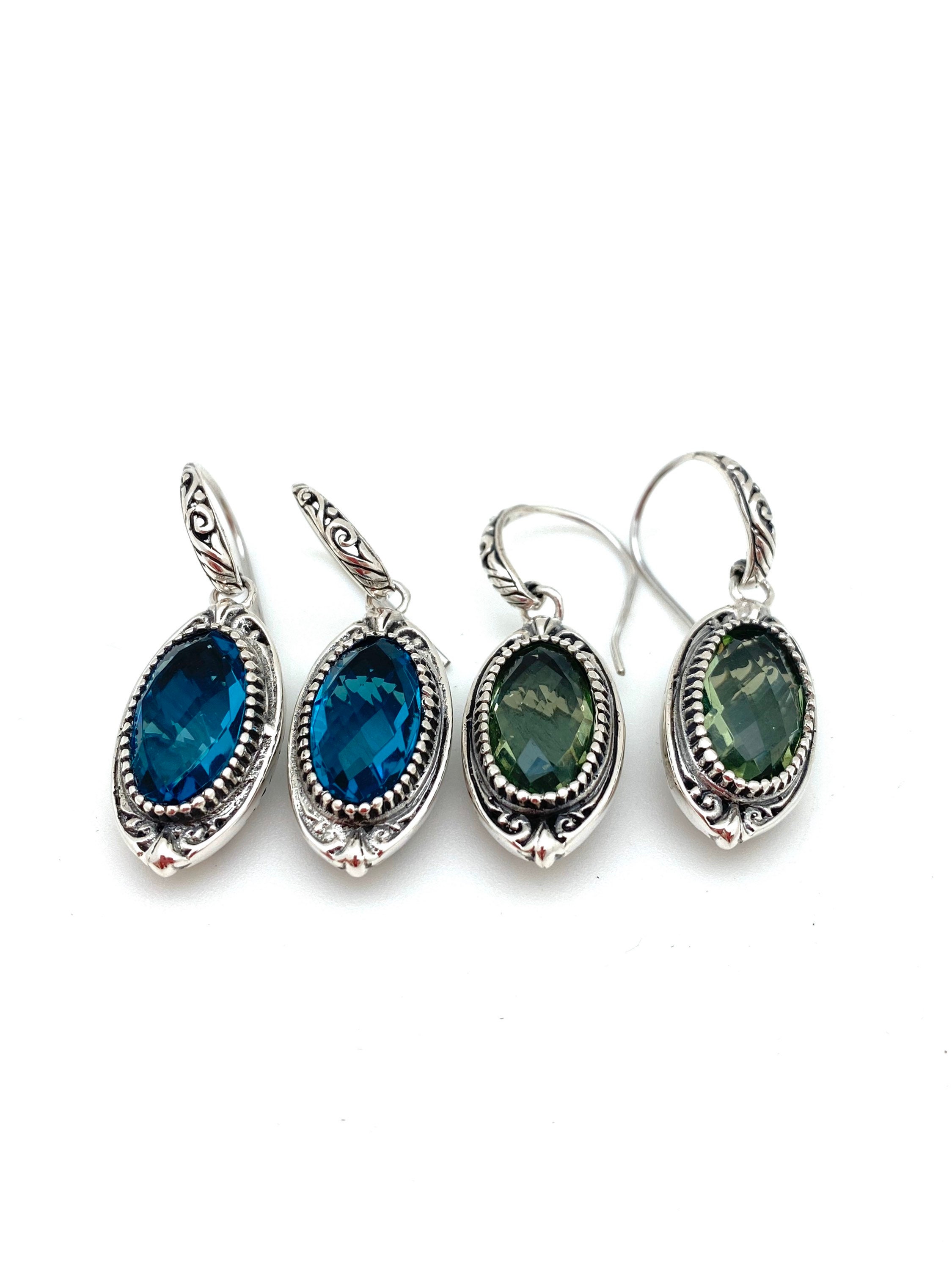 Orecchini Pendenti In Argento 925 Con Ametista Verde, Topazio Blu, Ametista E Quarzo Limone - Gioiello Elegante Per Donne