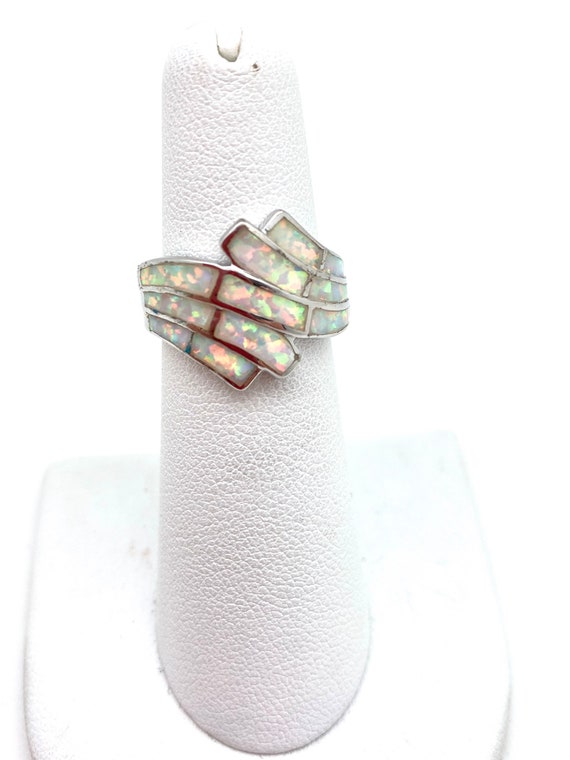 White Simulated Opal Criss Cross Square Solitaire Ring - Sterling Silver Band, Size 5