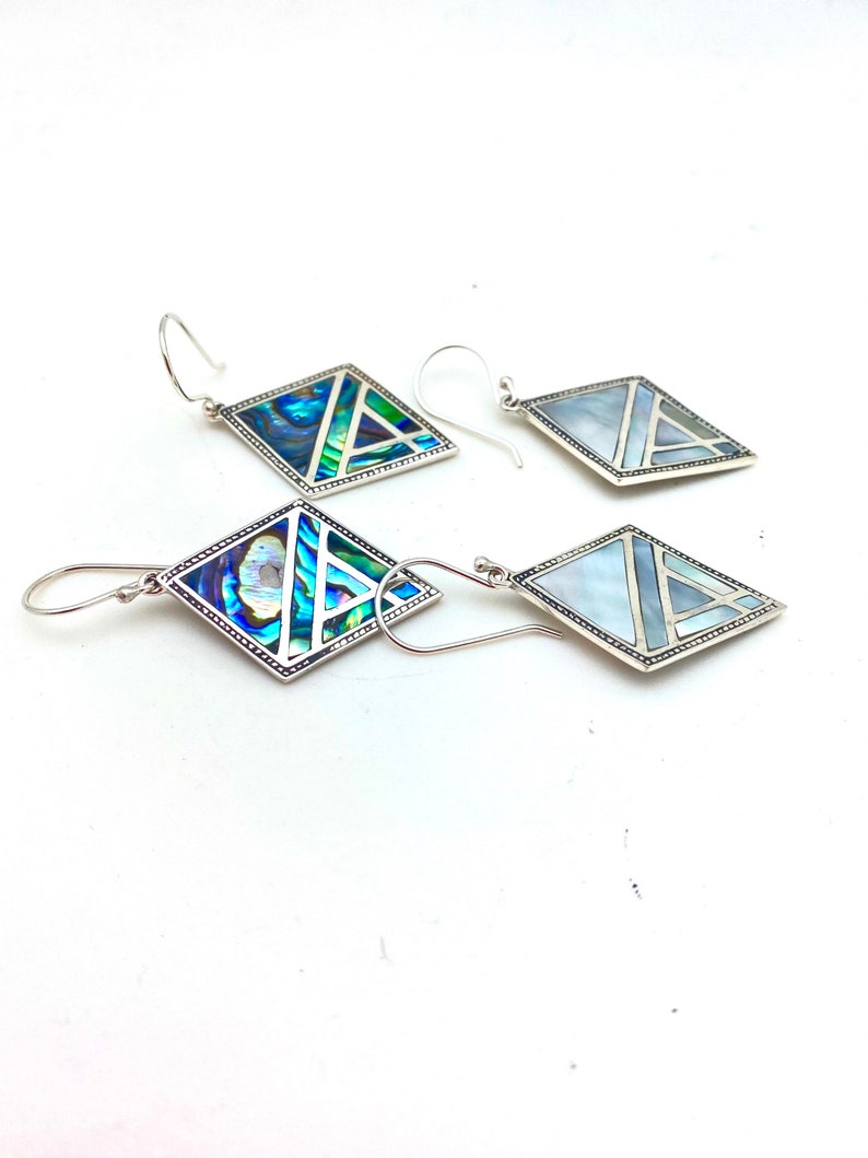 Sterling Silver Diamond-shaped Abalone or Mother of Pearl Bali Dangle Earrings