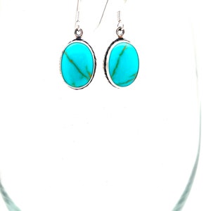 Sterling Silver Oval Turquoise Navajo Dangle Earrings