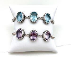 Sterling Silver Oval Triple Stone Amethyst or Blue Topaz Bali Bracelet