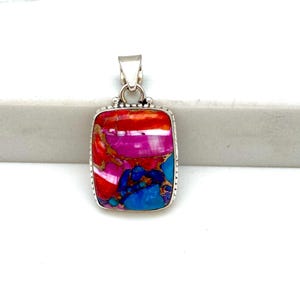 Sterling Silver Pink Dahlia and Spiny Oyster Kingman Turquoise Pendant