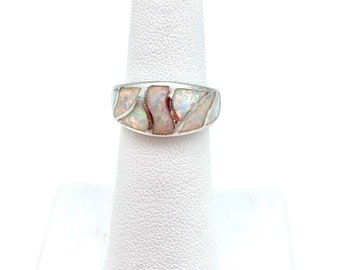 Sterling Silver Wavy Inlaid White Opal Ring