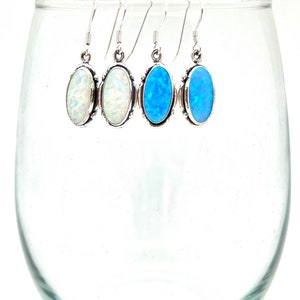 Sterling Silver Long Oval Opal Dangle Earrings