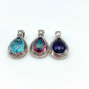 Sterling Silver Pear-shaped Blue Topaz, Mystic Topaz or Amethyst Bali Pendant