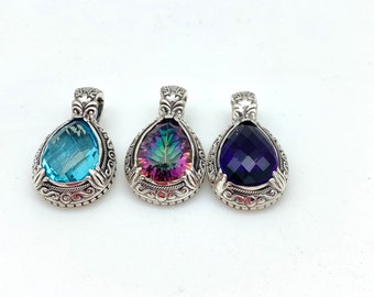 Sterling Silver Pear-shaped Blue Topaz, Mystic Topaz or Amethyst Bali Pendant