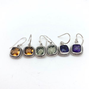 Sterling Silver Square Amethyst, Citrine or Green Amethyst Bali Earrings