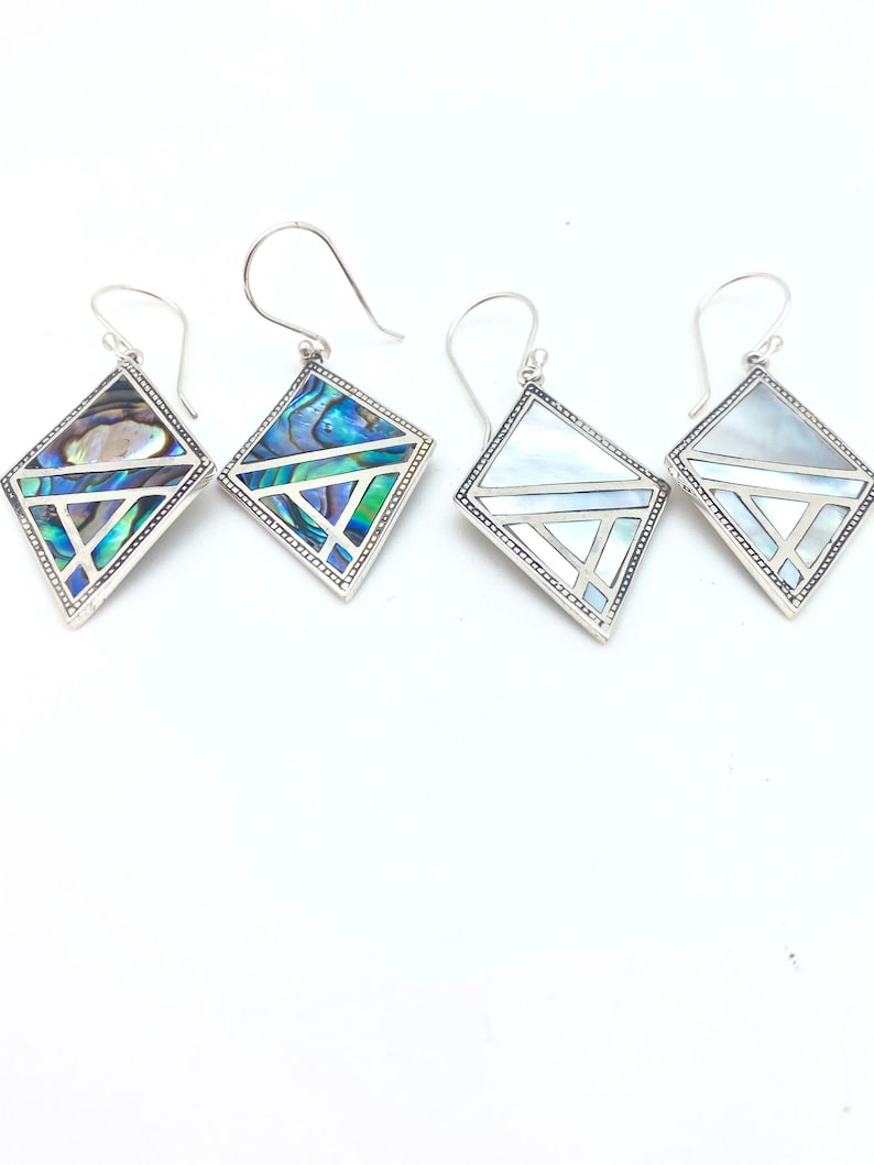 Sterling Silver Diamond-shaped Abalone or Mother of Pearl Bali Dangle Earrings