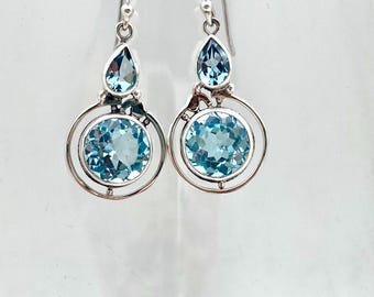 Sterling Silver Double Stone Blue Topaz Bali Earrings