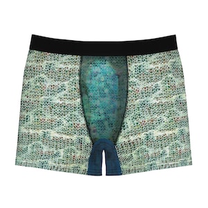 May include: Green and blue patterned underwear with a black waistband.
