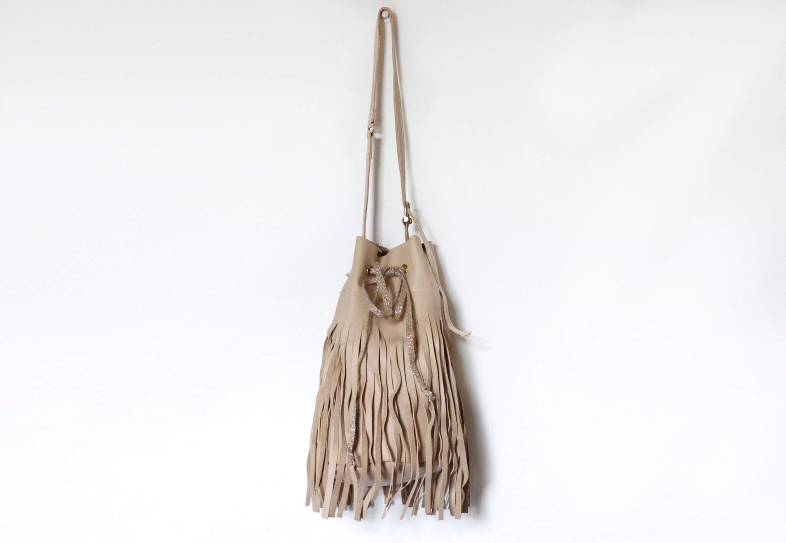 Delia Suede Leather Fringe Bucket Bag in Light Blue