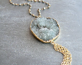 Black Druzy Crystal + Pyrite Gold Tassel Necklace