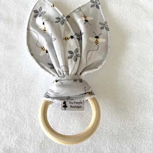 Bees Themed Bunny Ears Teether: Wood Baby Teething Ring