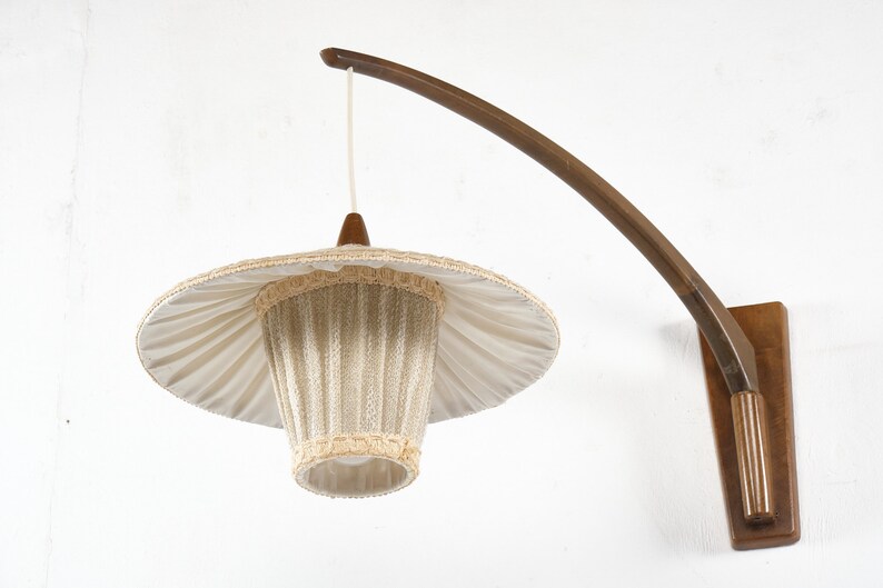 Swivel wall lamp with textile shade, probably TEMDE, walnut, Germany, vintage, 60s image 6