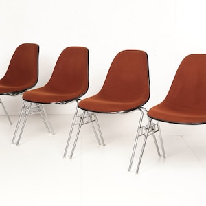 May include: Four brown chairs with chrome legs. The chairs are arranged in a row, with the front chair slightly offset to the right.