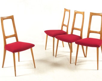 Four chairs, cherrywood, wool. New upholstery, vintage, Germany, 60s