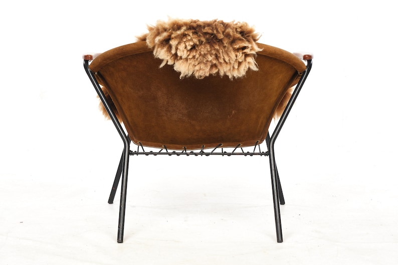 Cocktail chairs, steel, leather, fur, teak. Vintage, Denmark, anonymous. zdjęcie 7