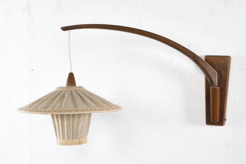 Swivel wall lamp with textile shade, probably TEMDE, walnut, Germany, vintage, 60s image 9