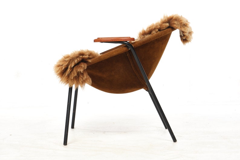Cocktail chairs, steel, leather, fur, teak. Vintage, Denmark, anonymous. zdjęcie 6