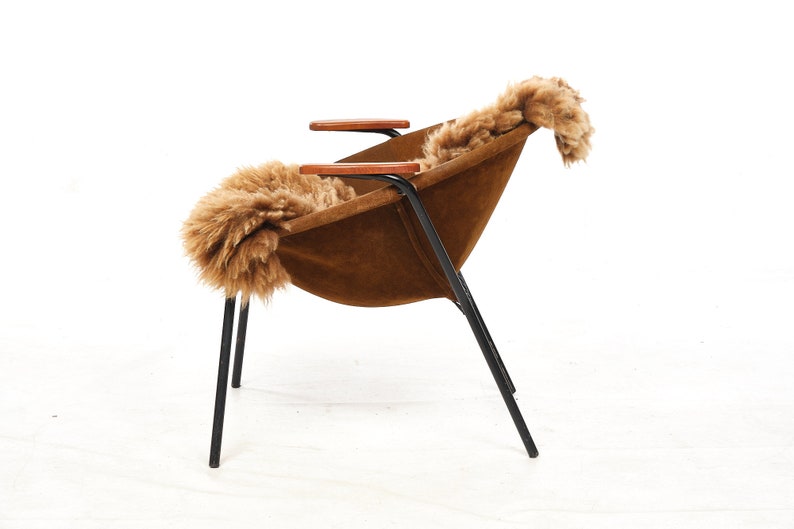 Cocktail chairs, steel, leather, fur, teak. Vintage, Denmark, anonymous. zdjęcie 5