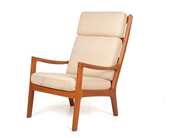 Highback chair teakwood, Ole Wanscher, vintage, wool mid-century