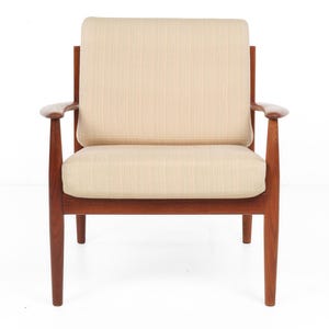 armchair, leather and teakwood, Jalk, France Son, red, vintage, mid-century