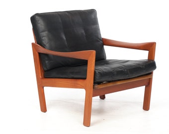 Armchair by Illum Wikkelsoe, leather and teak, vintage, 1960s. Belts renewed.