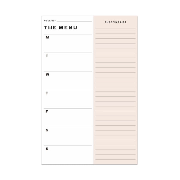 The Menu Meal Planner Notepad | White Blush Black Notepad  |  Social Stationery | Weekly Menu Writing Pad