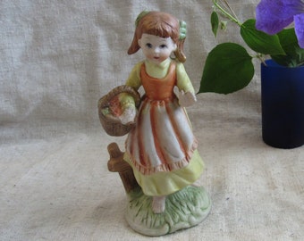 Menina com cesta de flores, estatueta de porcelana Bisque vintage, presente de Páscoa