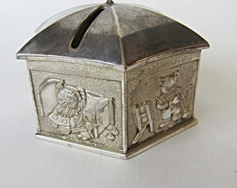 piggy bank with bears, Vintage metal money box, vintage bejewelled