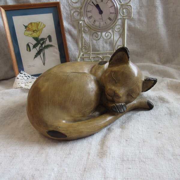 Curled Cat figurine Brown plastic cat looks like wood carved Cat Figurine Solid Animal Figurine Rustic decor romantic gift for cat lover