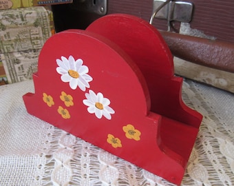 Servilletero vintage de madera roja: decoración floral para la cocina pintada a mano