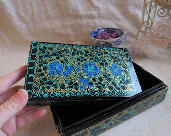 blue green gold black vintage hand painted plastic box, Jewelry Trinket box with lid, Mid Century Lacquer box