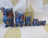 Wood owl family, vintage blue birds figurines, hand painted 6 owls