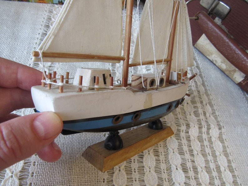 Vintage wooden yacht model home decor blue white wooden sailing boat retro decor wood Wood Boat beach decor three mast yacht gift for sailor