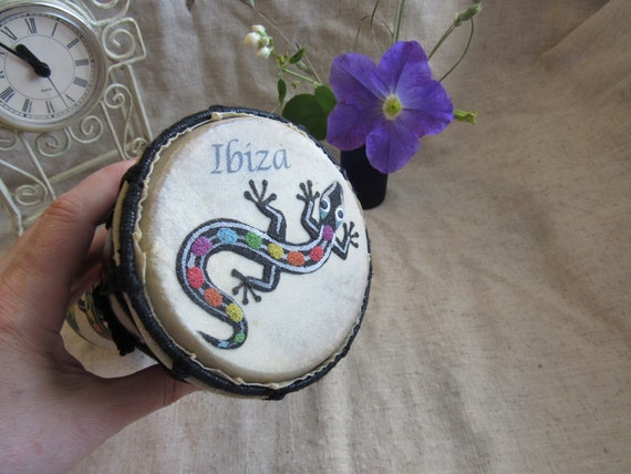 Goat Skin Drum: Ibiza Sand Art Lizard Decor
