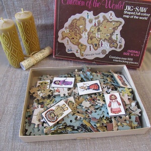 Puzzle vintage JIG-SAW, Children of the World, dimensioni 18" x 24", mappa del mondo a colori