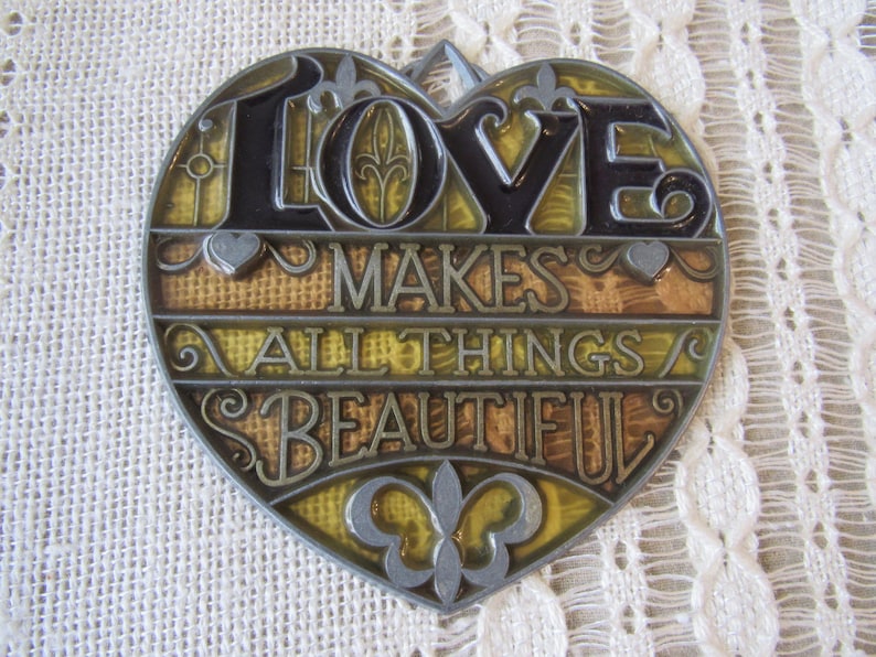 Fantastic stained glass decor with title LOVE makes all things beautiful heart shaped decor for window gift for young couple gift for lovers