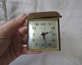 Vintage Germany Wind Up Travel Alarm Clock, Folding Brown Case, German travel clock