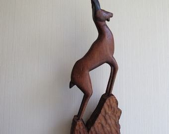 Carved wooden antelope Figurine, Solid HandCarved DARK BROWN Wood Animal Figurine