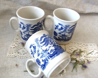 Vintage Blue White Mugs Set of 3, Cottagecore Drinkware