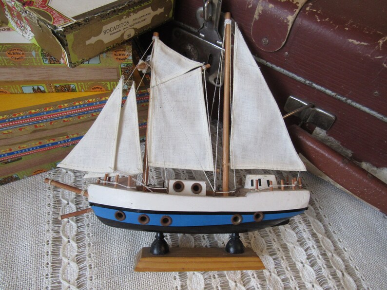 Vintage wooden yacht model home decor blue white wooden sailing boat retro decor wood Wood Boat beach decor three mast yacht gift for sailor