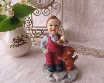 vintage boy figurine, boy with dog, bisque porcelain boy dog bell